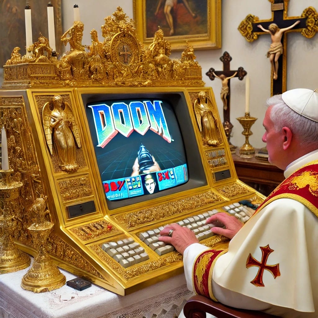 The meme features an image of the Pope, dressed in his traditional attire, sitting at a computer and playing the classic video game "Doom". The image is captioned "When you're trying to pray, but you're still a gamer at heart". The text implies that even a spiritual leader like the Pope can't resist the temptation of gaming, and that he's still a "gamer at heart".